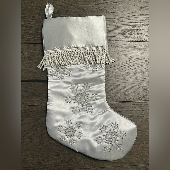 SILVER Satin Fringe Christmas Stocking Decor - Picture 1 of 5